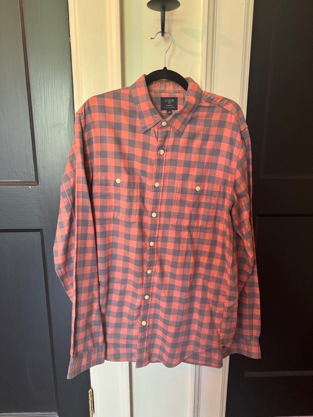 J. Crew Men’s Coral and Gray Plaid Flannel Button-Down Shirt